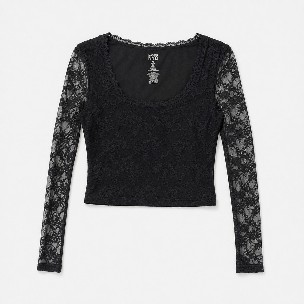 Dark Romantic Black Floral Lace Sheer Long Sleeve‎ Fitted Crop Top Women's XS